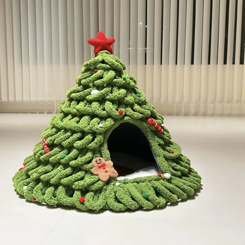 Grey conical felt cat house for indoor cats under 12 pounds.