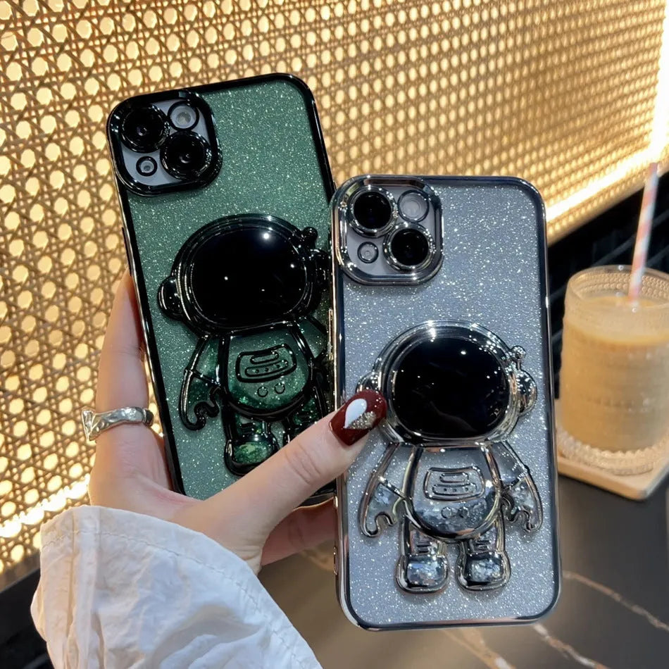 Astronaut spaceman quicksand design phone case with glitter powder finish for iPhone
