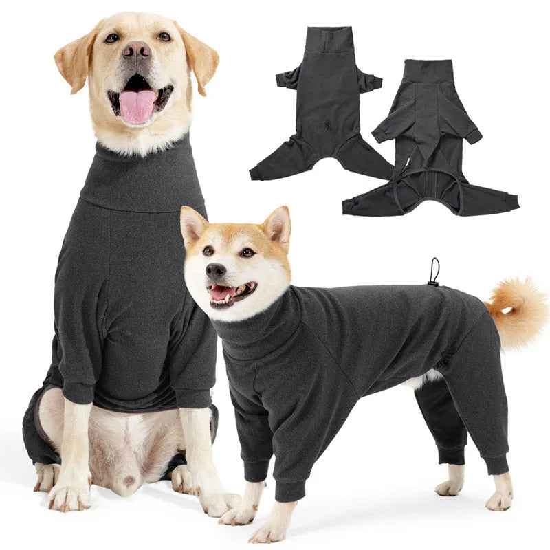 Dark grey polar fleece dog clothes with four legs and high collar design for winter wear