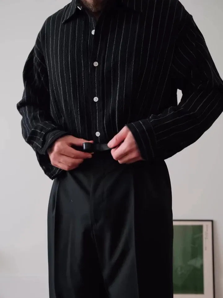 Black pinstriped button-down shirt with striped pattern and regular-length cut