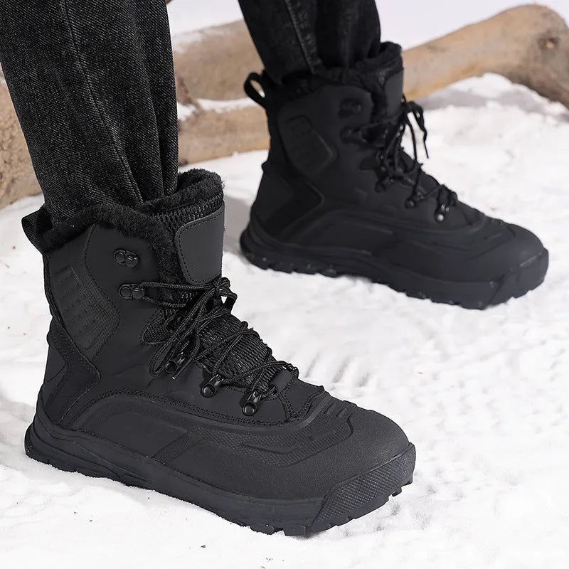 Black high-top men's boots with fleece lining, TPR ribbed sole, and lace-up front in size 42