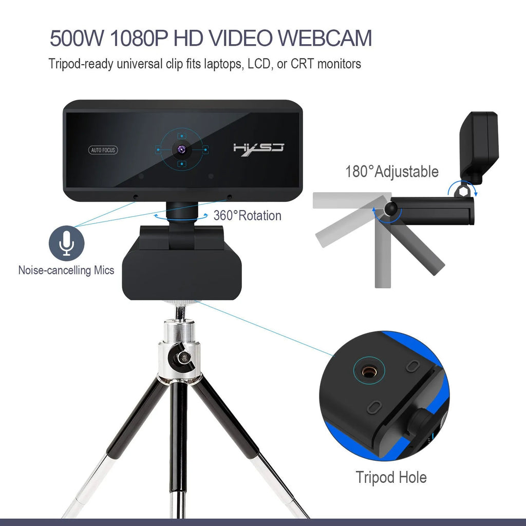 Black USB 2.0 computer video camera with 5MP CMOS sensor, autofocus, 2592x1944 max resolution, 1.7m cable, for Windows desktops.