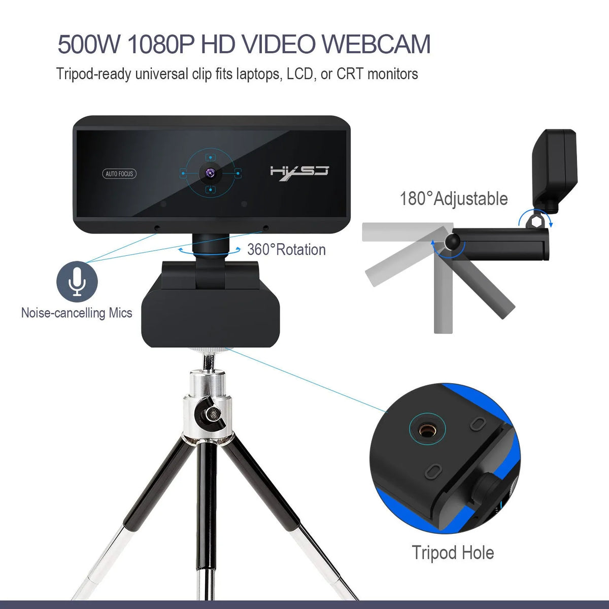 Black USB 2.0 computer video camera with 5MP CMOS sensor, autofocus, 2592x1944 max resolution, 1.7m cable, for Windows desktops.