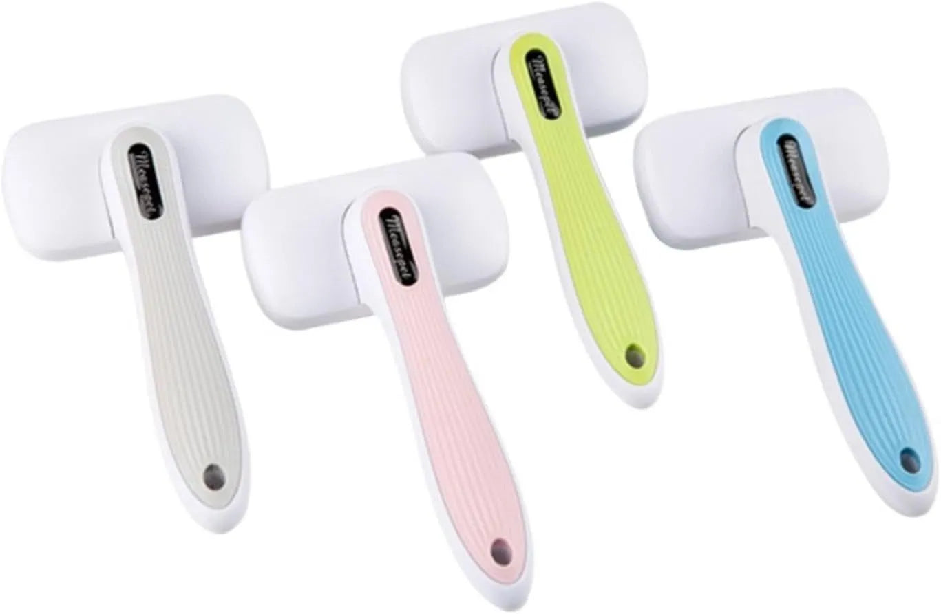 Pet automatic hair removal comb showing 10.7x19.5cm dimensions with one-click hair removal system