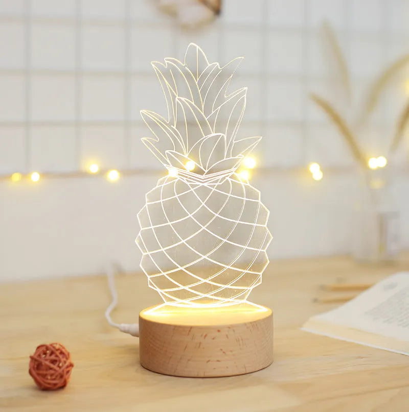 Cartoon night light with wooden base and acrylic elements, 24.5x10cm dimensions, USB powered with dimmable 1.6W LED