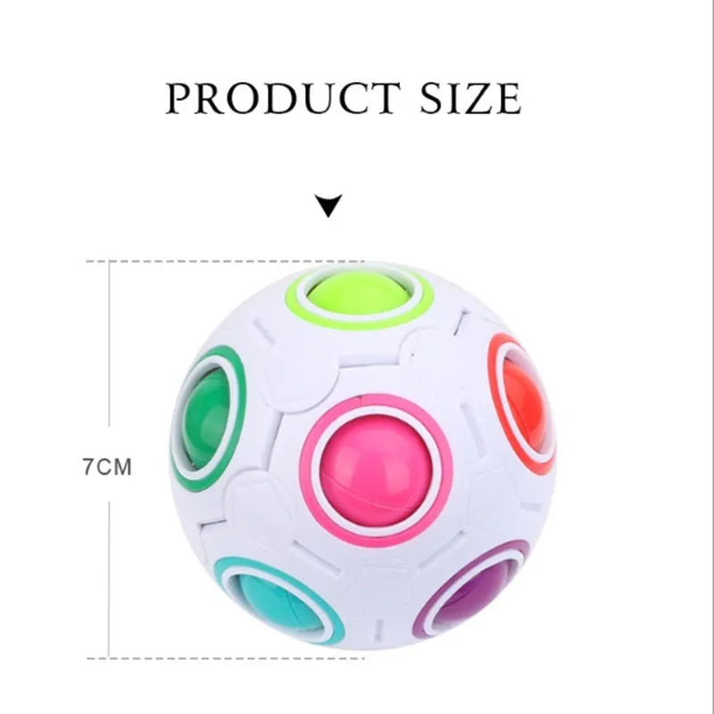 Rainbow coloured plastic ball puzzle with hexagon pattern, 5.5 cm in diameter.