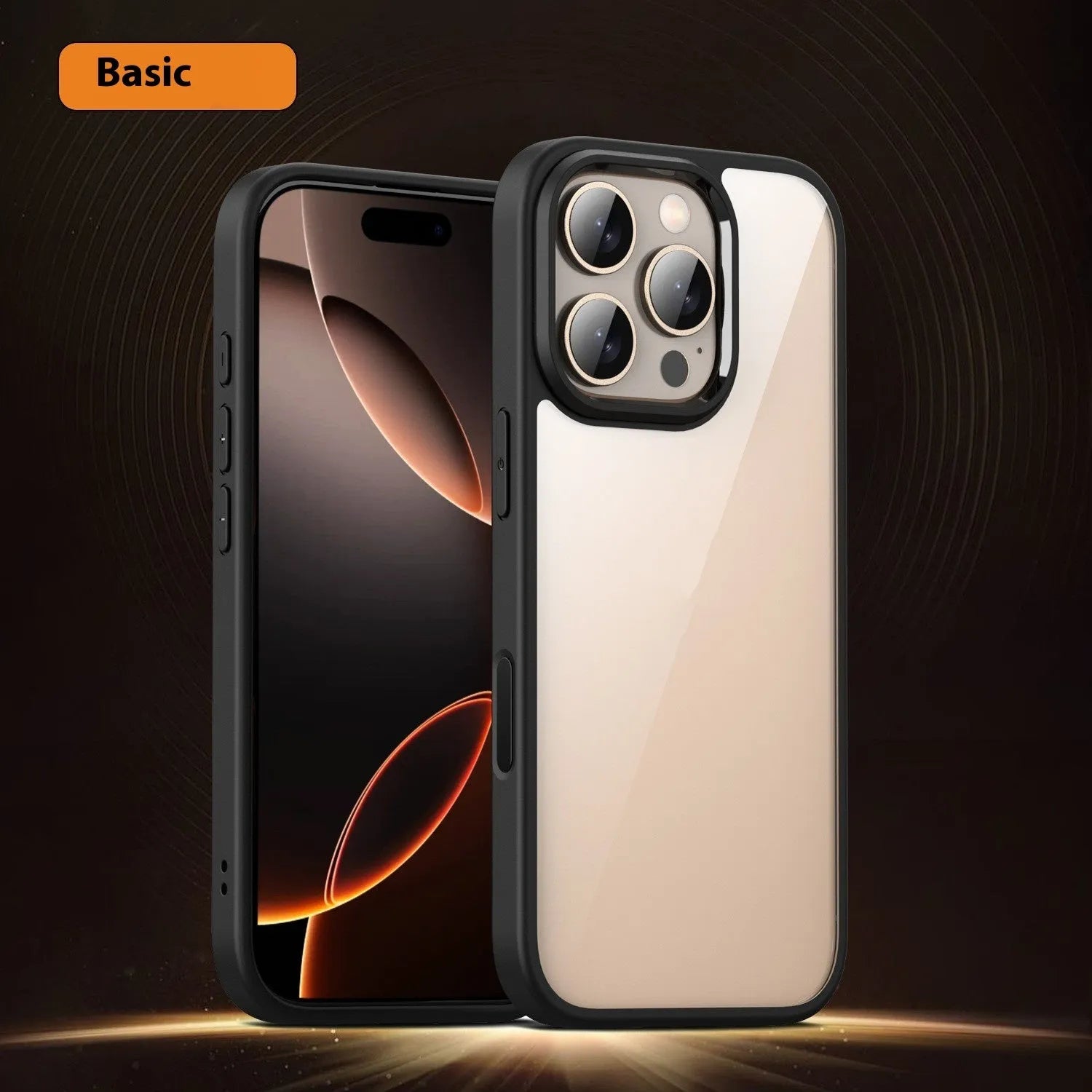 Clear black magnetic protective case for iPhone 16 with visible airbag corners on a white background.