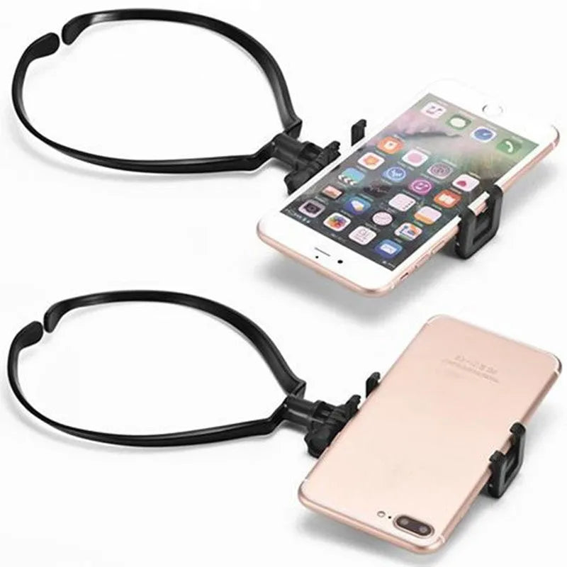 Black wearable neck phone holder with smartphone mounted, showing 180-degree adjustable angle for hands-free recording