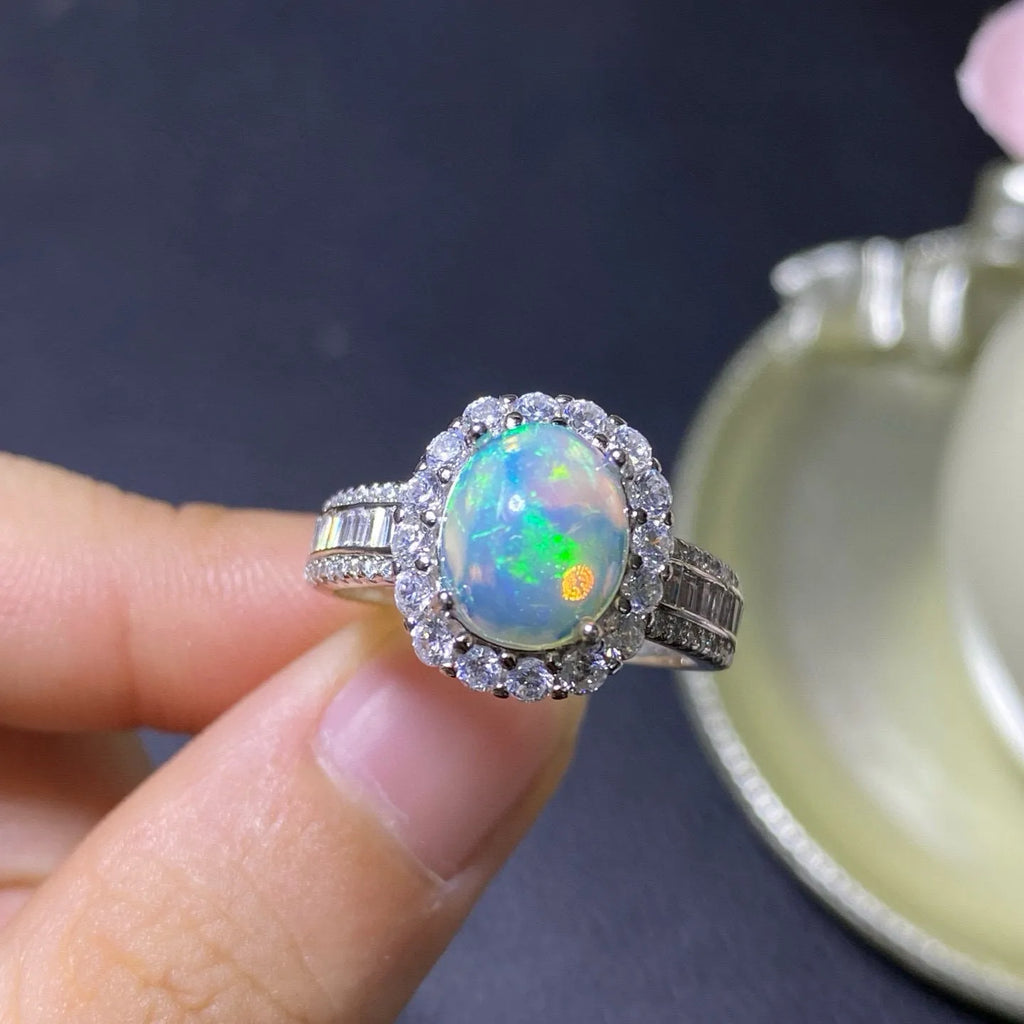 Natural opal handmade ring with adjustable open design in 925 silver with three colour finish options