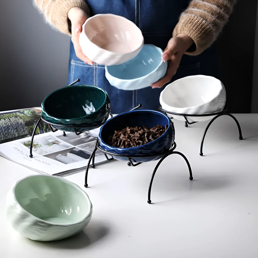 Ceramic cat and dog bowl with rack options in dark green, light blue, light green, light red, royal blue, or white