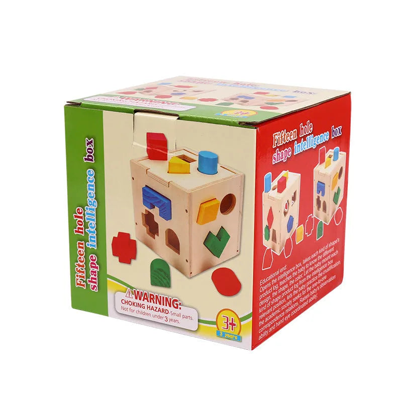 Pine wood matching intelligence box cube toy for ages 1 to 3 years, 530g, in a colour box.