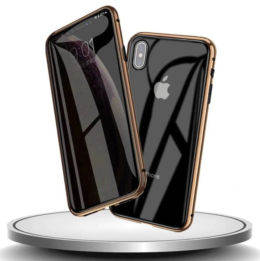 Anti-spy phone case in clamshell design with geometric pattern, available in multiple colours for iPhone