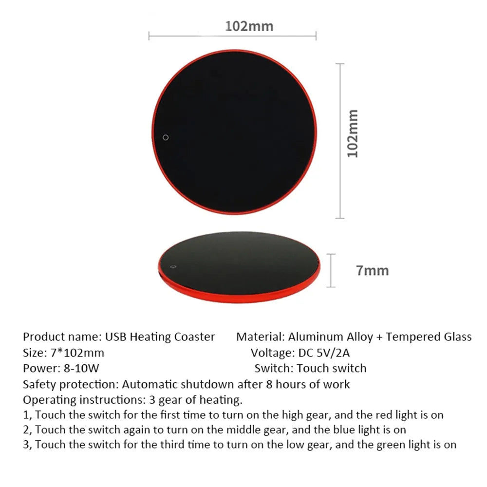 USB heating coaster with aluminium alloy tempered glass surface for warming mugs and cups