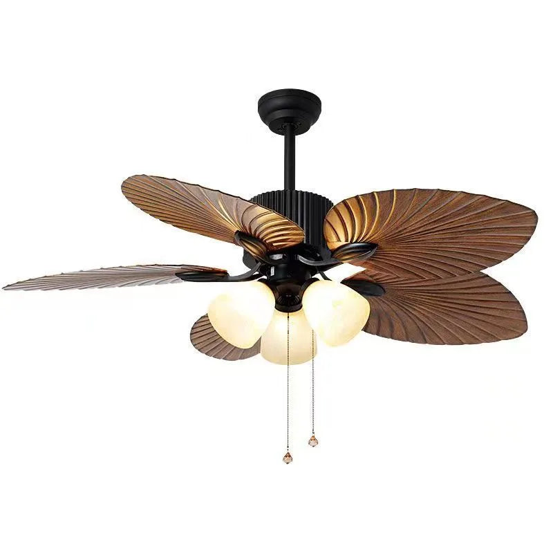 Retro-style ceiling fan light with wooden blades and three copper lampshades, mounted on a white ceiling.