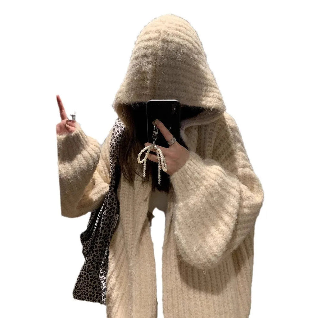Retro Maillard hooded sweater cardigan for women in dark grey, brown, or milky white with thick acrylic fabric and free size design
