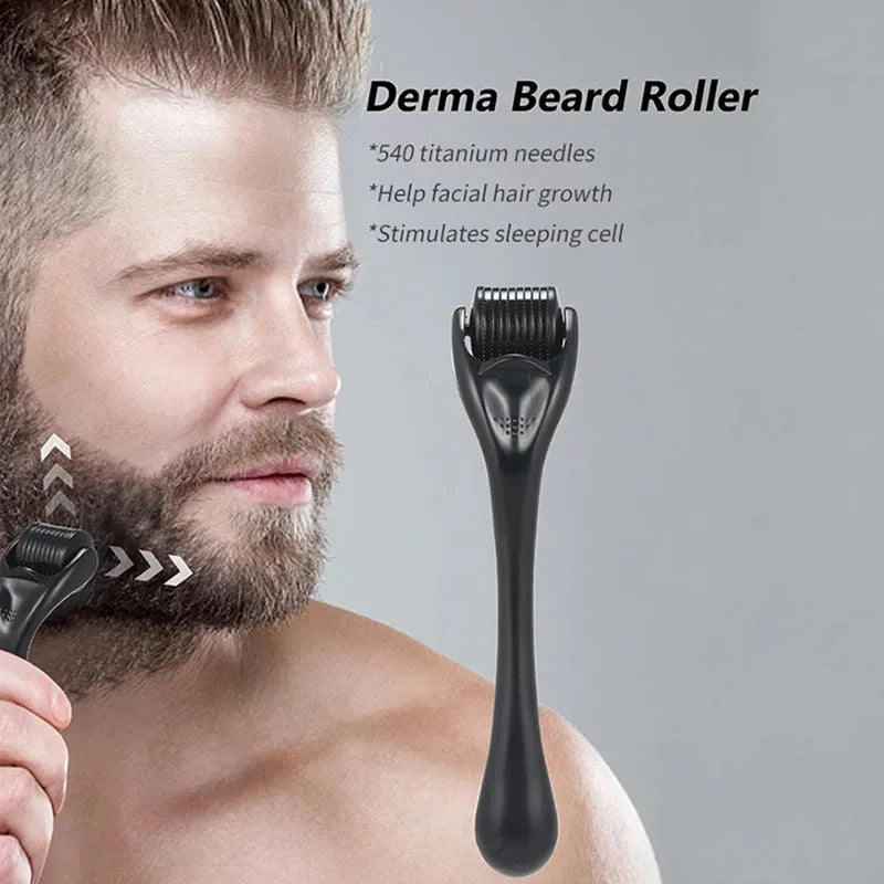 Derma roller with 540 titanium microneedles in black or purple, showing adjustable needle sizes from 0.2mm to 1.0mm