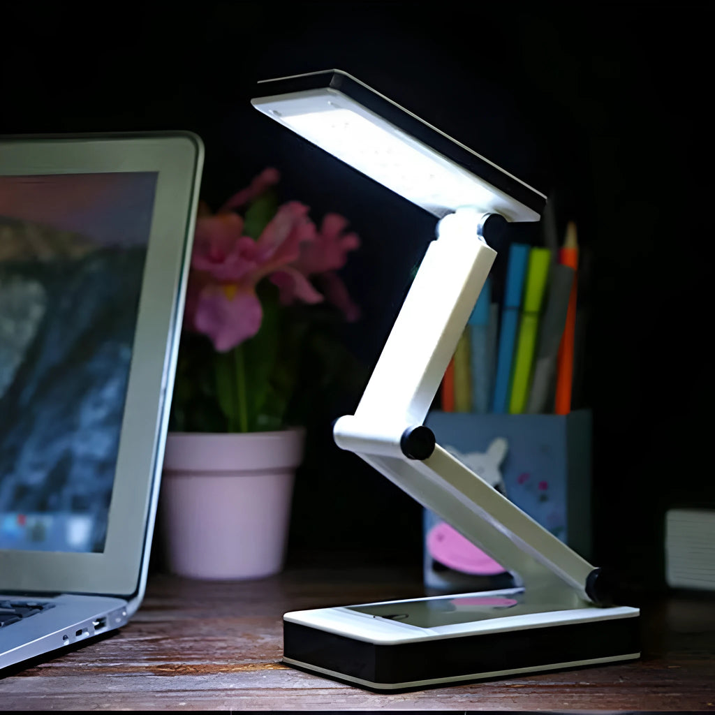 COB folding desk lamp, black and white, 120 lumens, touch dimming, USB or battery, 13.3 × 7.2 × 28 cm