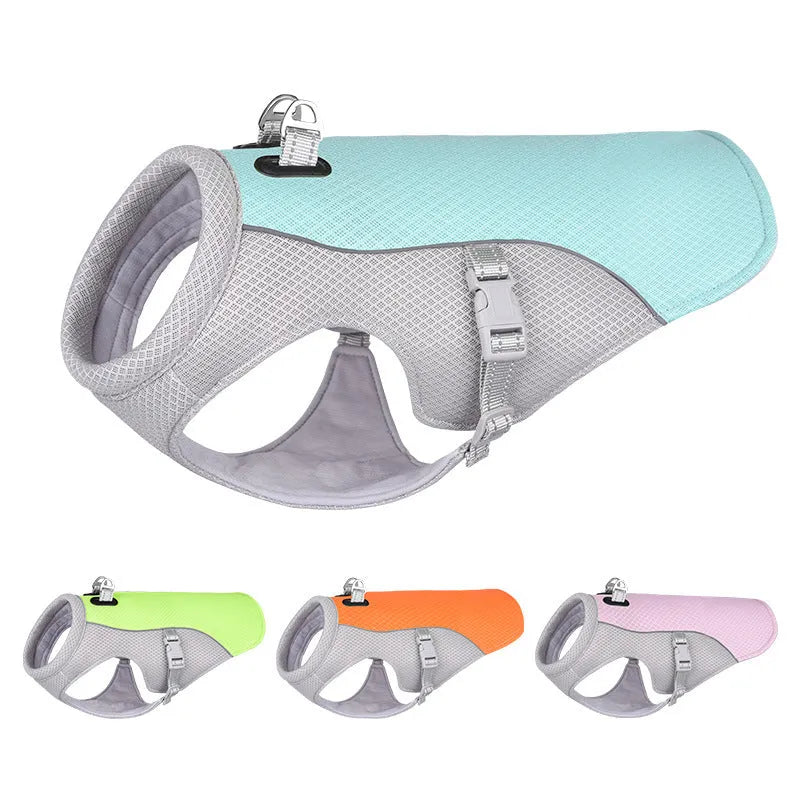 Orange dog cooling vest on a dog showing layered construction and adjustable fit