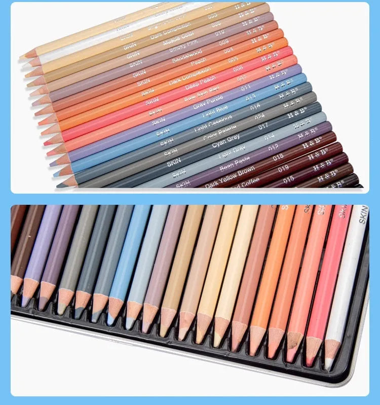 Set of 24 skin tone colour pencils in a round brush pot inside a silver iron box.