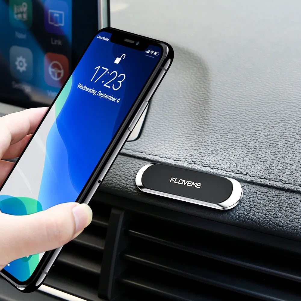 Black magnetic car mobile phone holder with square silver iron sheet and adhesive backing