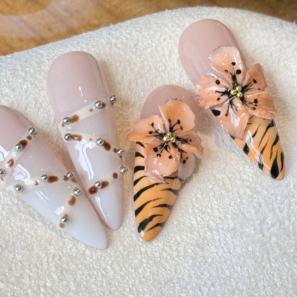 Handmade French style leopard print nail stickers with cross and flower patterns, 10 pieces pack, wear-resistant long tip design