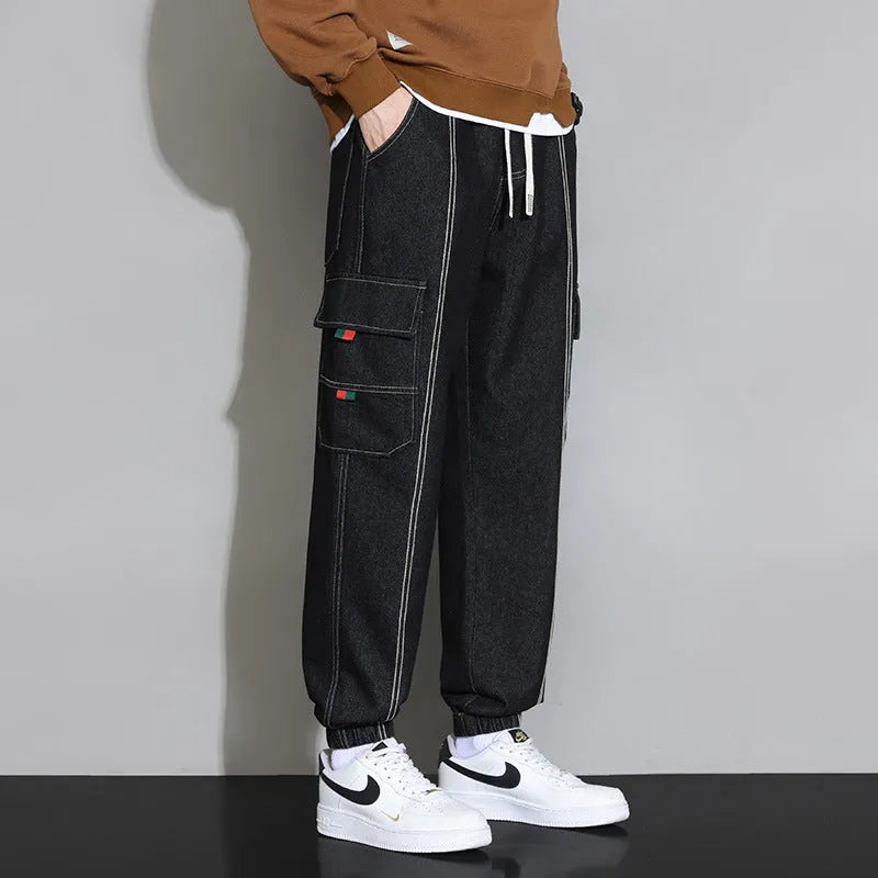 Men's retro workwear jeans in grey, black, blue, or retro colour, loose fit cotton trousers with zip fly, sizes M to 4XL.