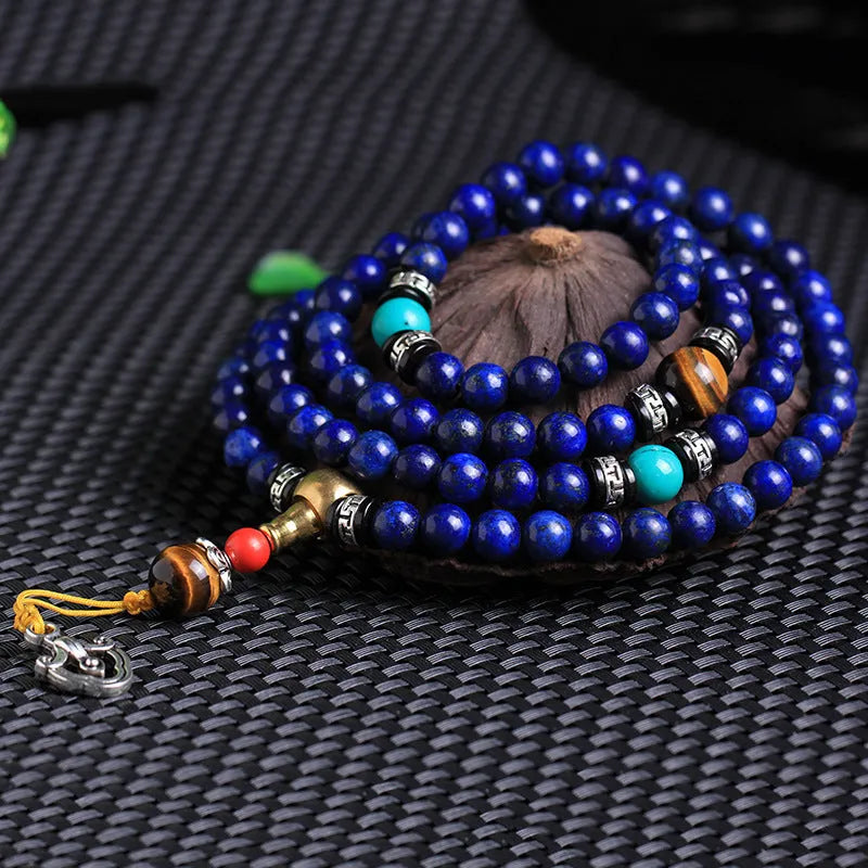 Handcrafted blue lapis lazuli 108 bead bracelet with zodiac charm