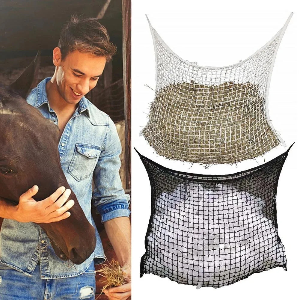 Black woven polyethylene rope horse feeding bag with grid pattern, hanging demonstration showing 120x90cm size