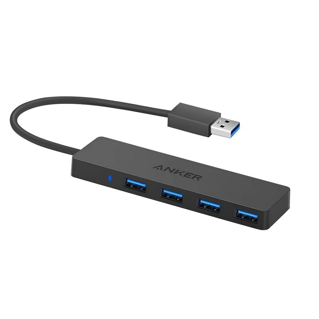 Black Anker USB 3.0 hub with four ports and a 20cm cable on a desk.