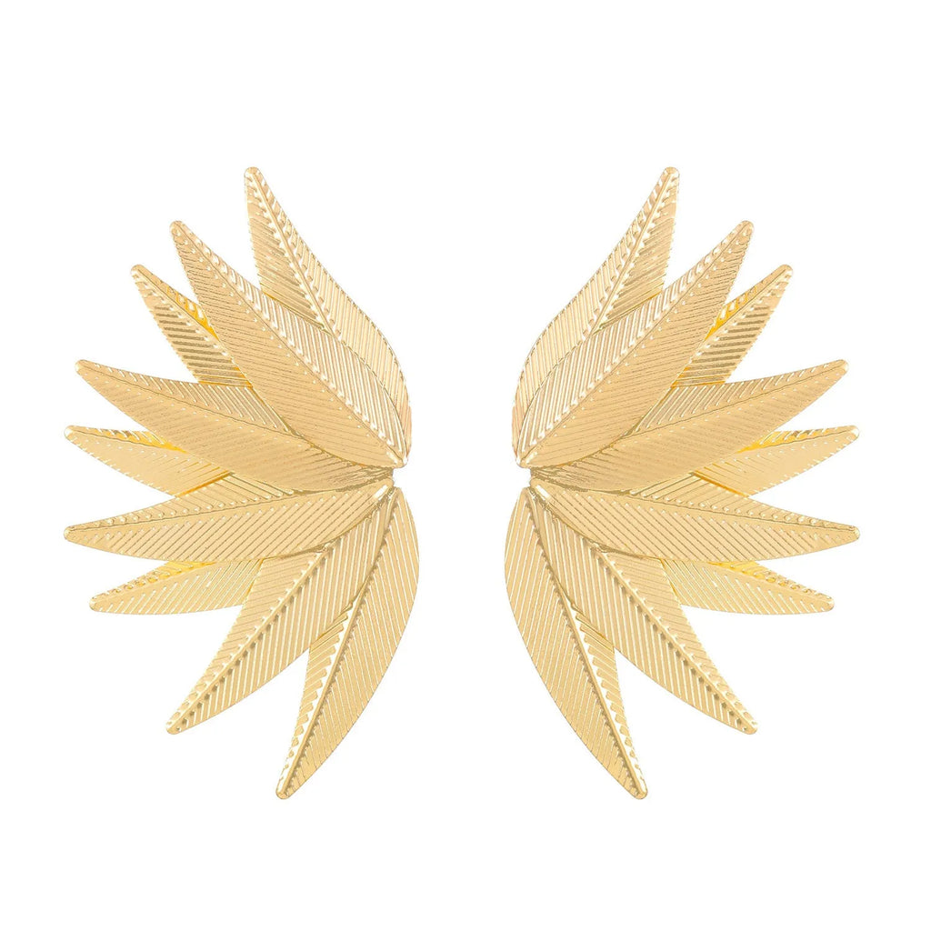 Gold and white alloy leaf-shaped stud earrings with botanical design