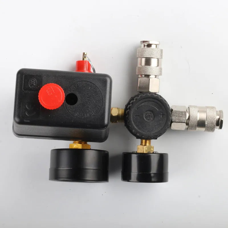 European style air compressor pressure regulating valve assembly with switch box and connectors
