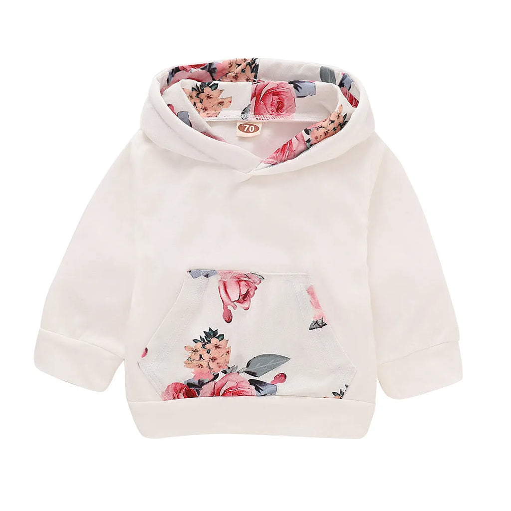 White cotton hooded pants suit for baby girl with long sleeves and trousers
