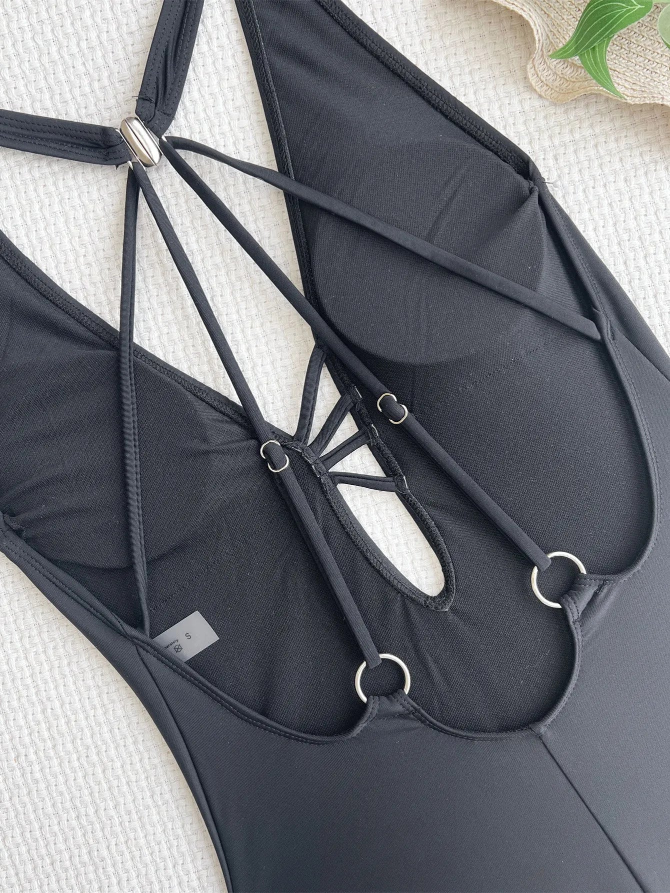 Ladies' black one-piece swimsuit made of nylon fabric, solid colour pattern, sizes S to XL for swimming and wading