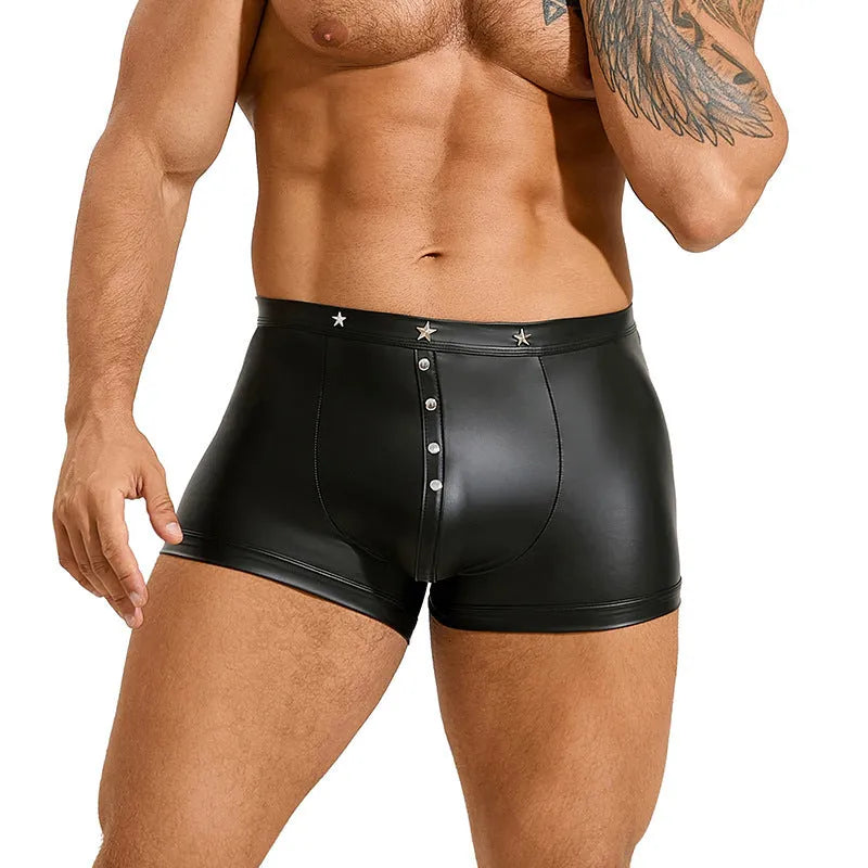 Black PU leather men's boxer shorts with U pouch design on a size chart background