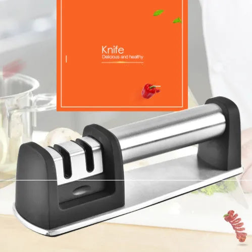 Black kitchen sharpener with 20-degree angle guide and non-slip ABS base for knife maintenance