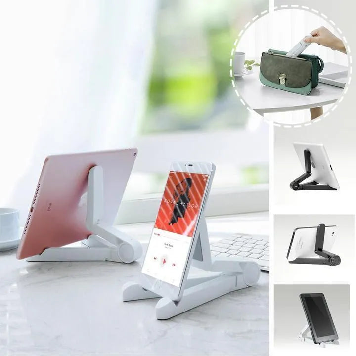 Foldable tablet holder in black showing multi-angle adjustment and non-slip rubber surface for device support