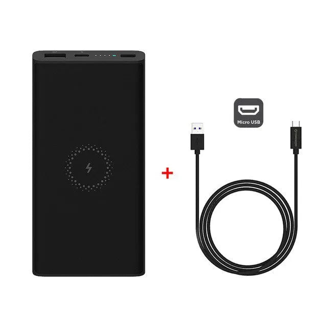 White or black 10000mAh power bank with USB Type-C port and wireless charging surface