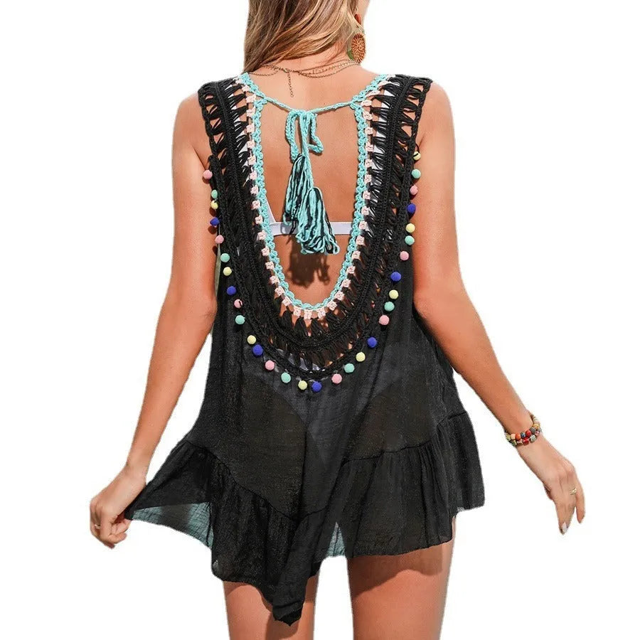 Black hand-crocheted acrylic beach cover-up with cut-out ruffles and polyester lining for women