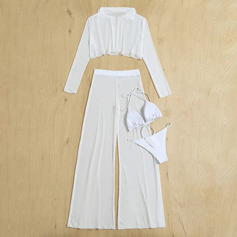 White women's high-waist backless swimsuit four-piece set on a hanger