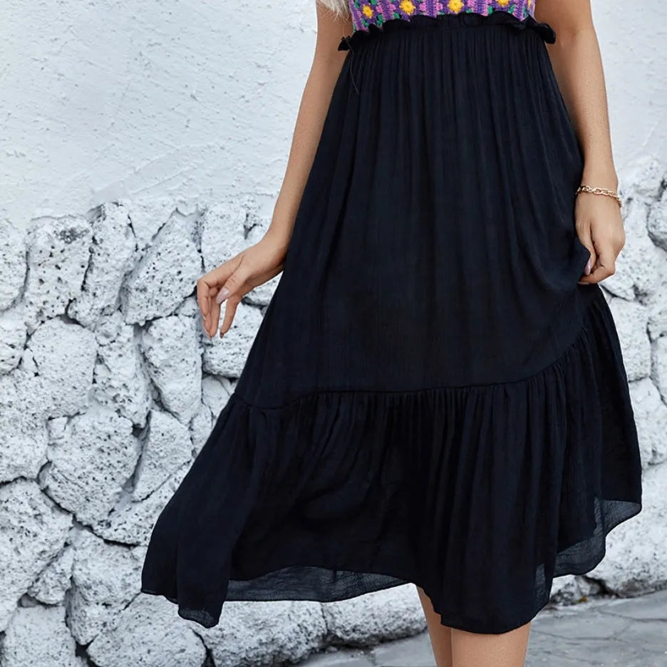 Purple sleeveless dress with hand-hooked floral stitching on cotton blend fabric, free size design