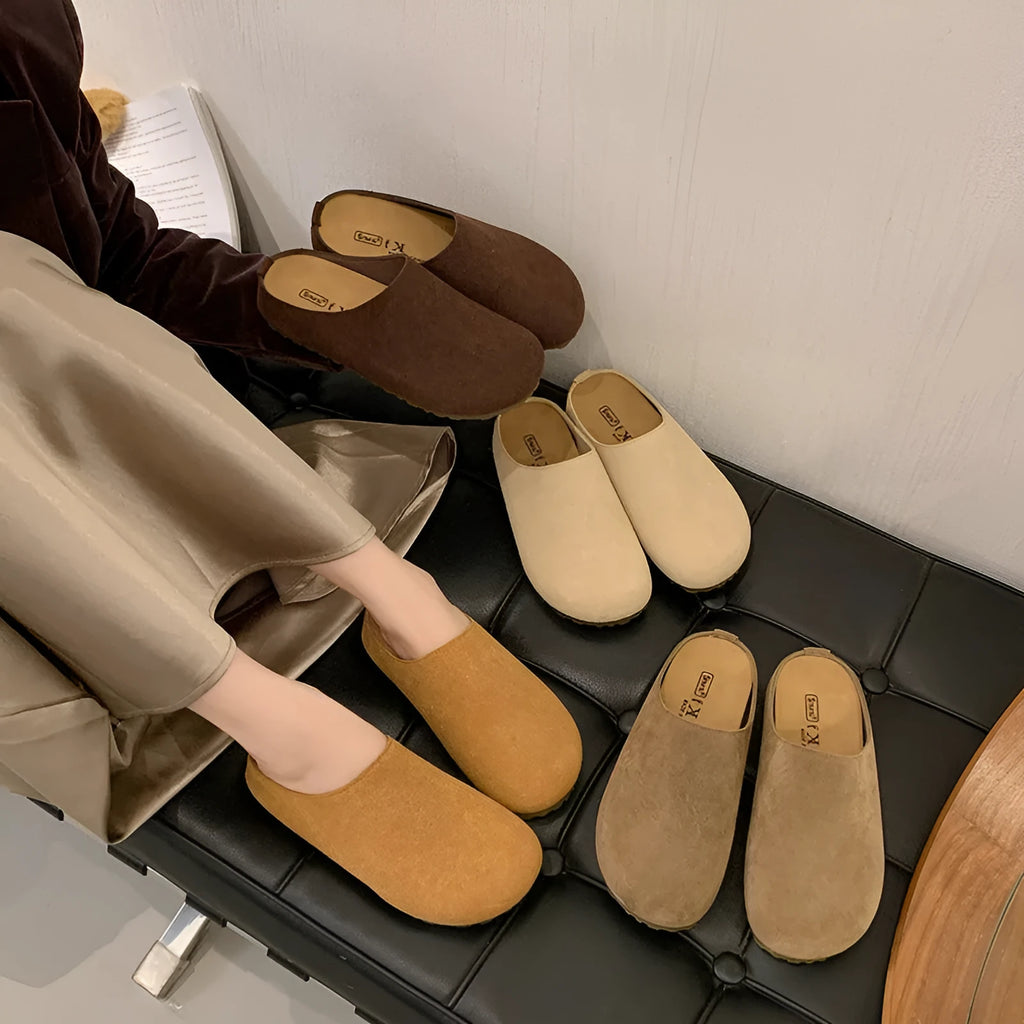 Korean style apricot coloured flat slippers with a square toe and slip-on design