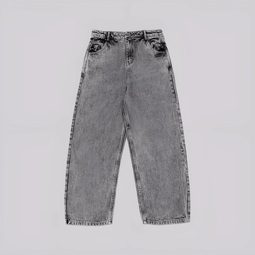Grey loose straight-leg denim trousers for men and women with mid-waist design