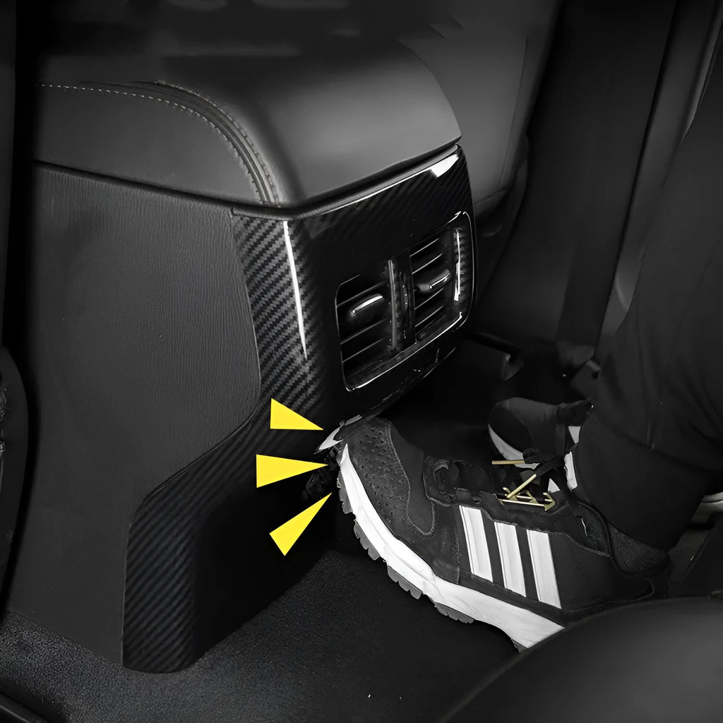Pair of carbon fibre effect ABS plastic steering wheel frame covers for adhesive installation.