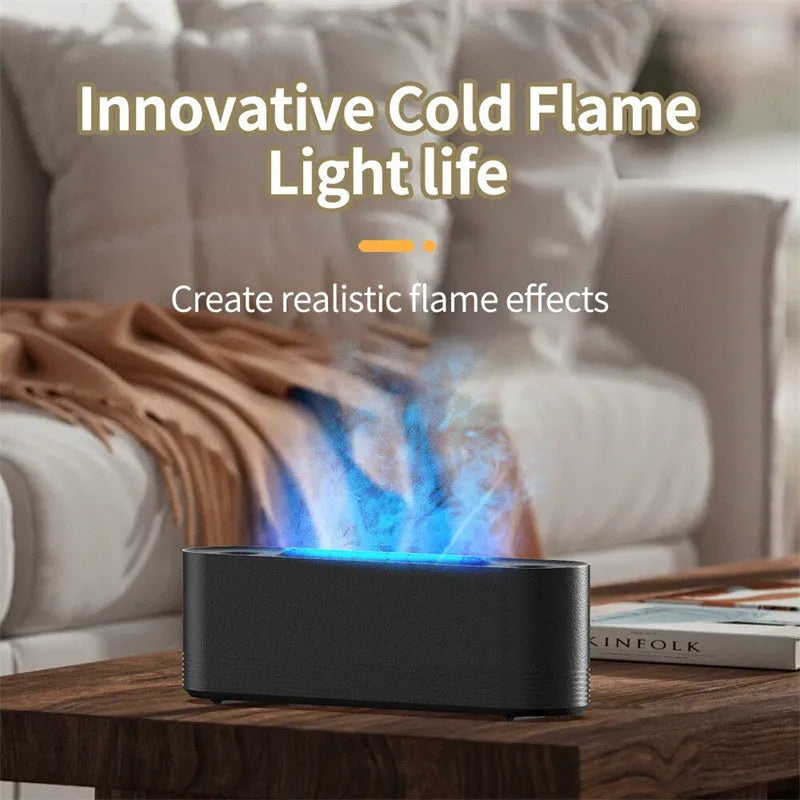 Black ultrasonic aroma diffuser with LED flame lighting emitting cool mist