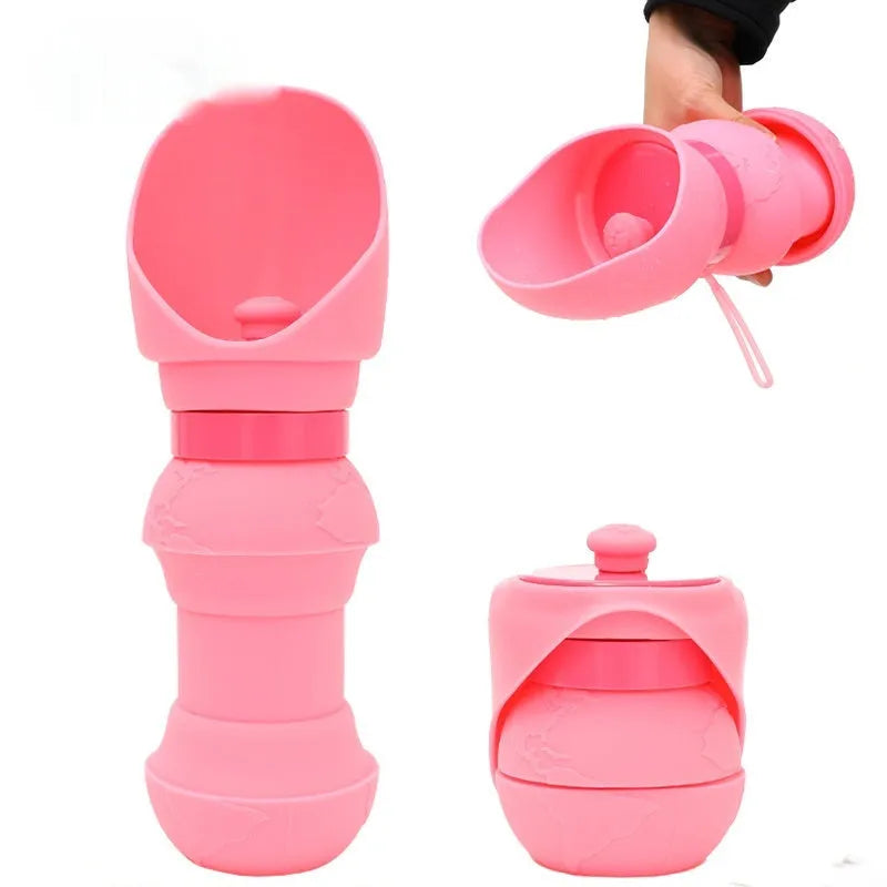Collapsible silicone pet water cup showing folded and expanded states with 550ml capacity measurement