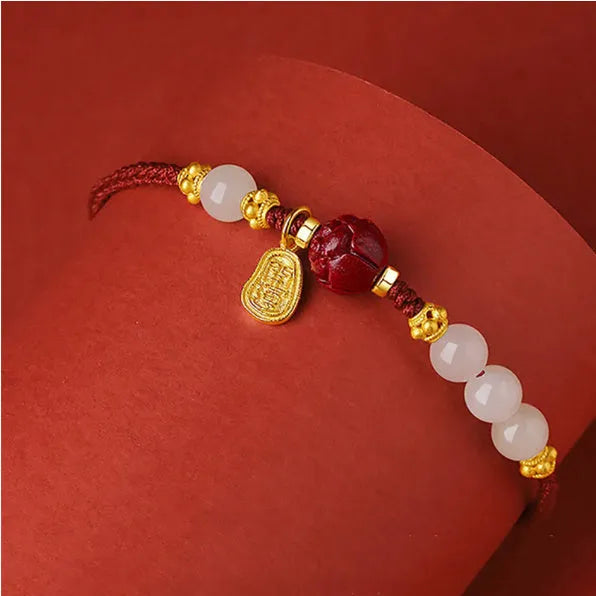 Hetian jade bracelet with cinnabar red rope on adjustable 925 silver chain