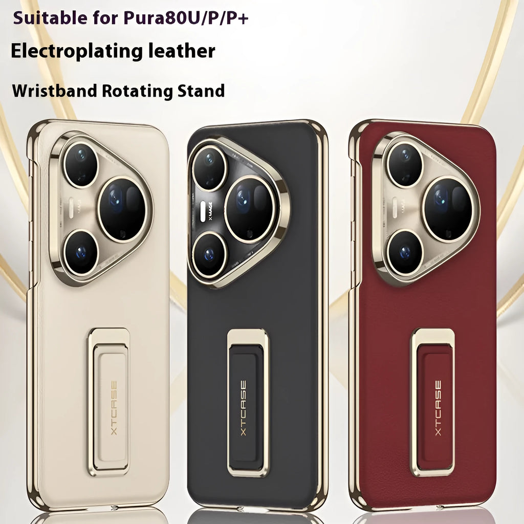 Huawei Pura80Ultra imitation leather phone case with wrist strap and rotating bracket in gold, red, and black.