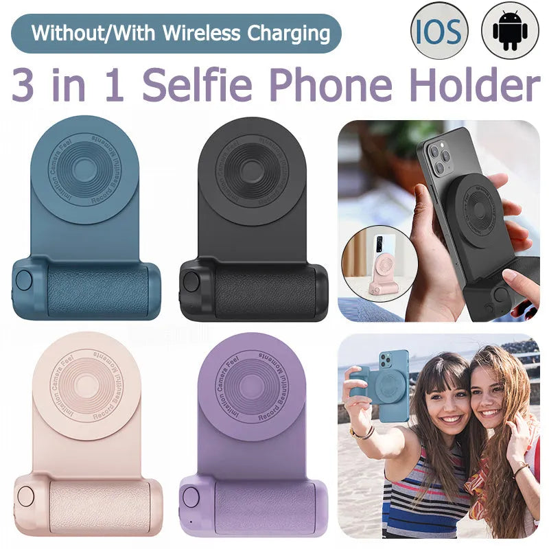 Black magnetic phone holder with rotatable design and PU leather grip on a table