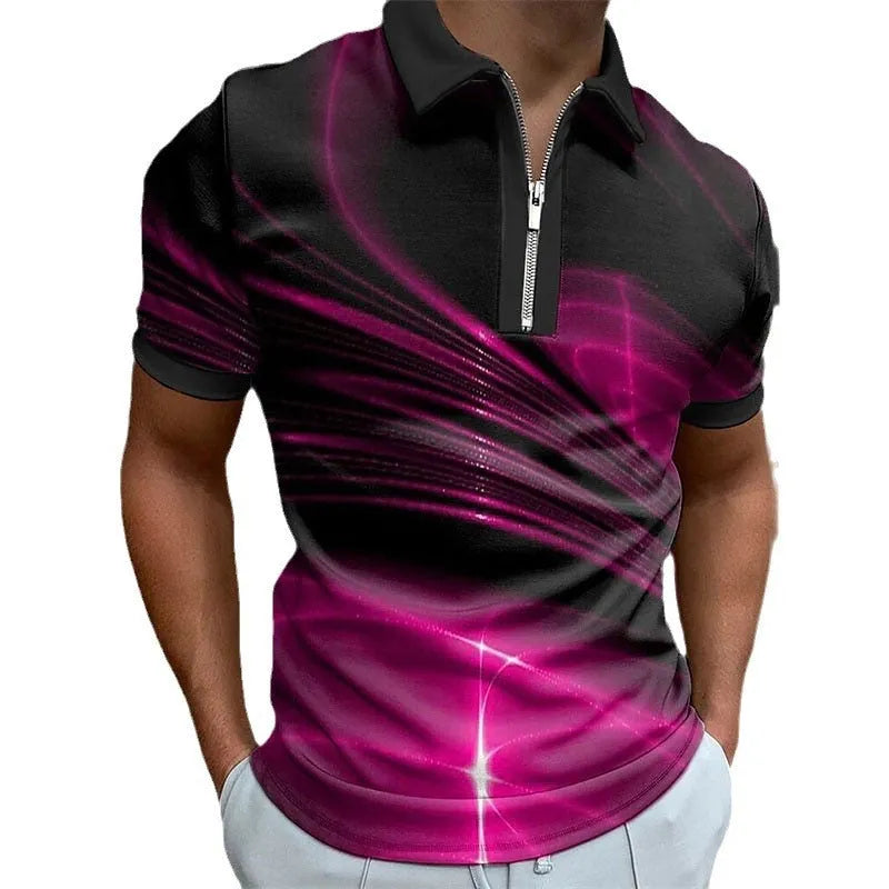 Men's blue loose fit zipper polo shirt with lapel collar and short sleeves