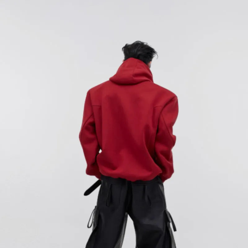 Men's red hooded sweater with three-dimensional printing pattern and structured shoulder pads